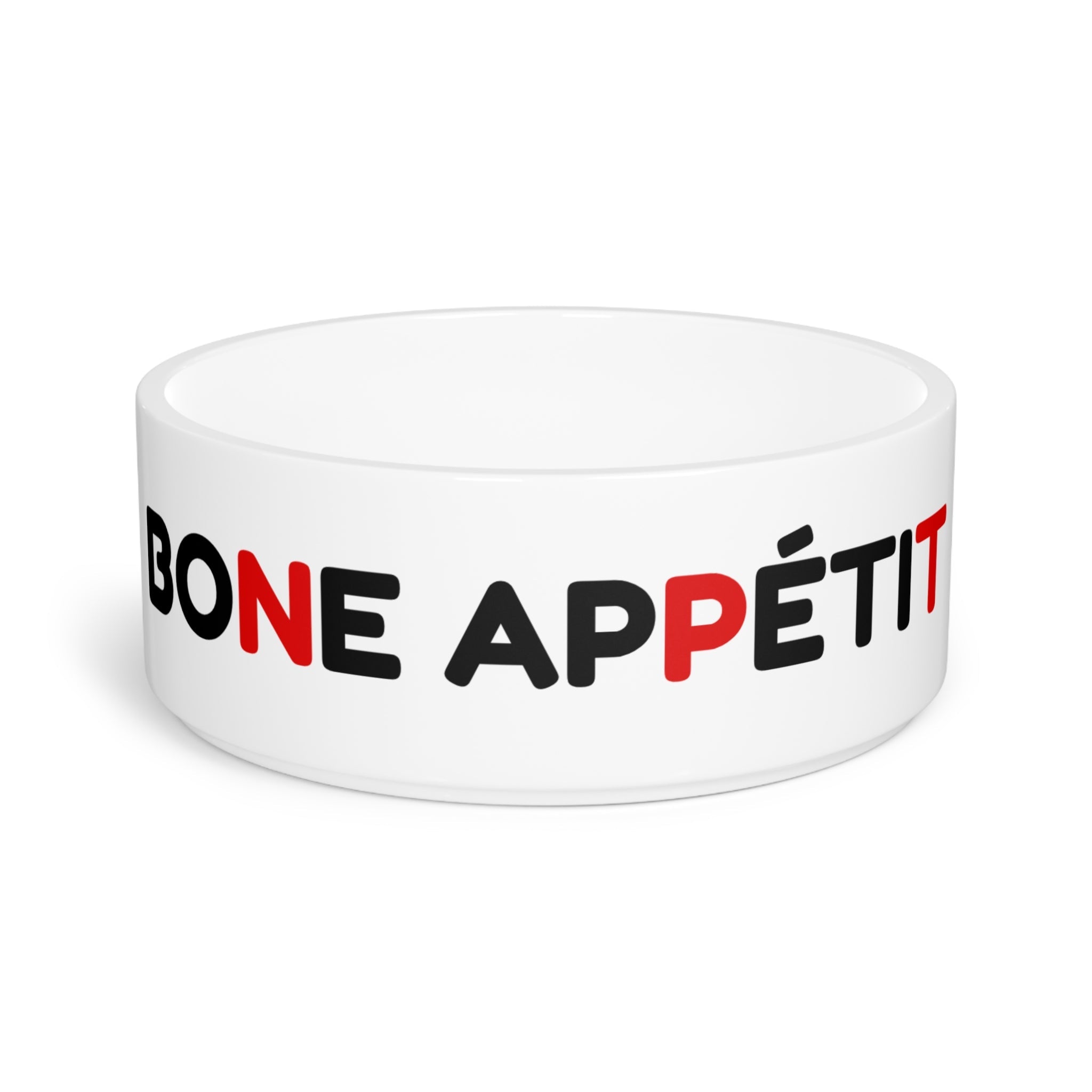 Crumpaw Bone Appétit Ceramic Dog Bowl - BONE APPÉTIT text in black and red, front view