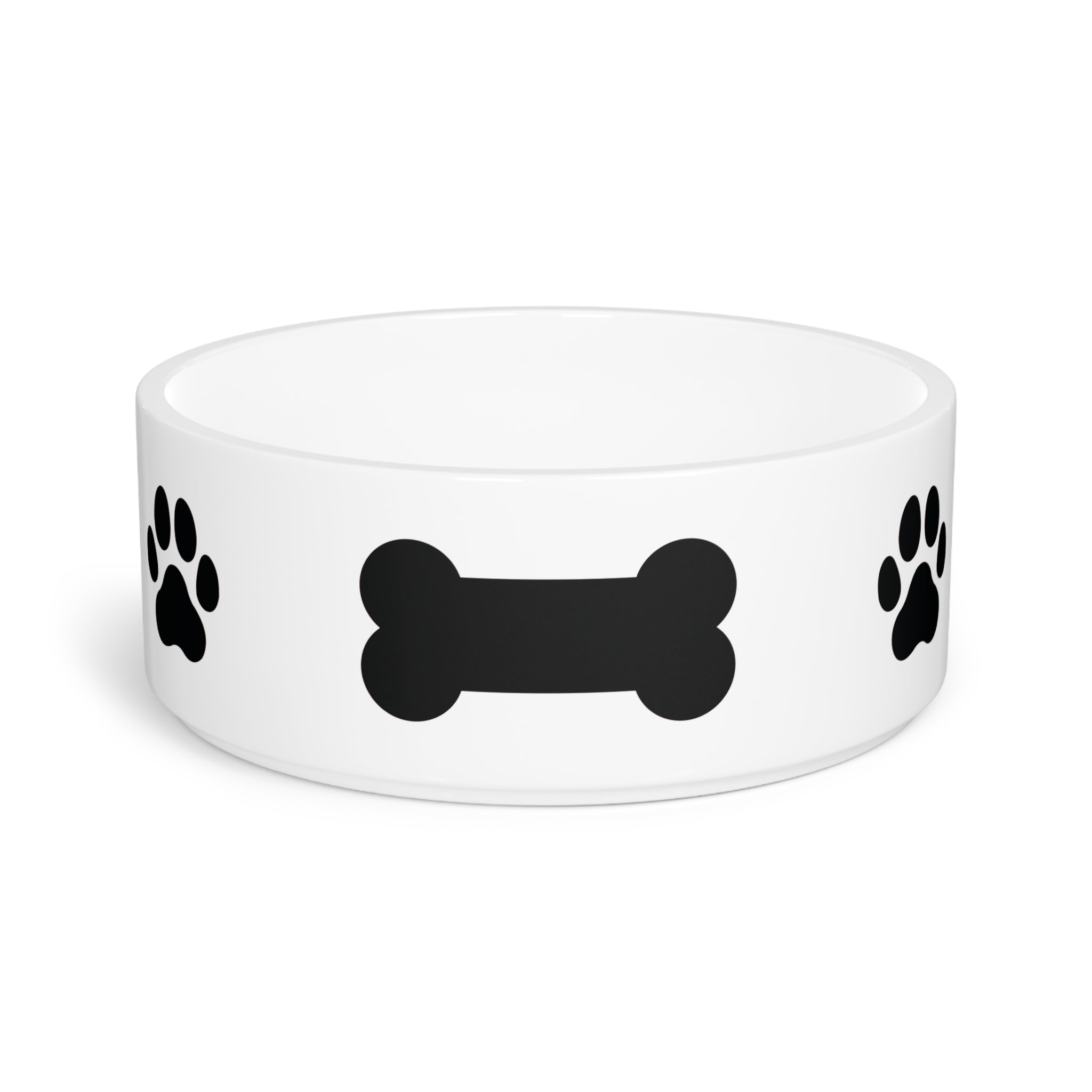 Crumpaw Classic Bone Ceramic Dog Bowl - black bone with paw prints, front view