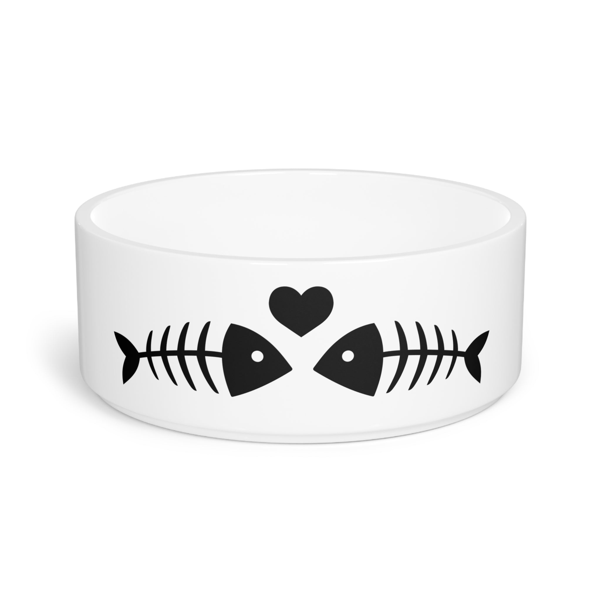 Crumpaw Fish Skeleton Ceramic Dog Bowl - fish skeletons with heart design, front view
