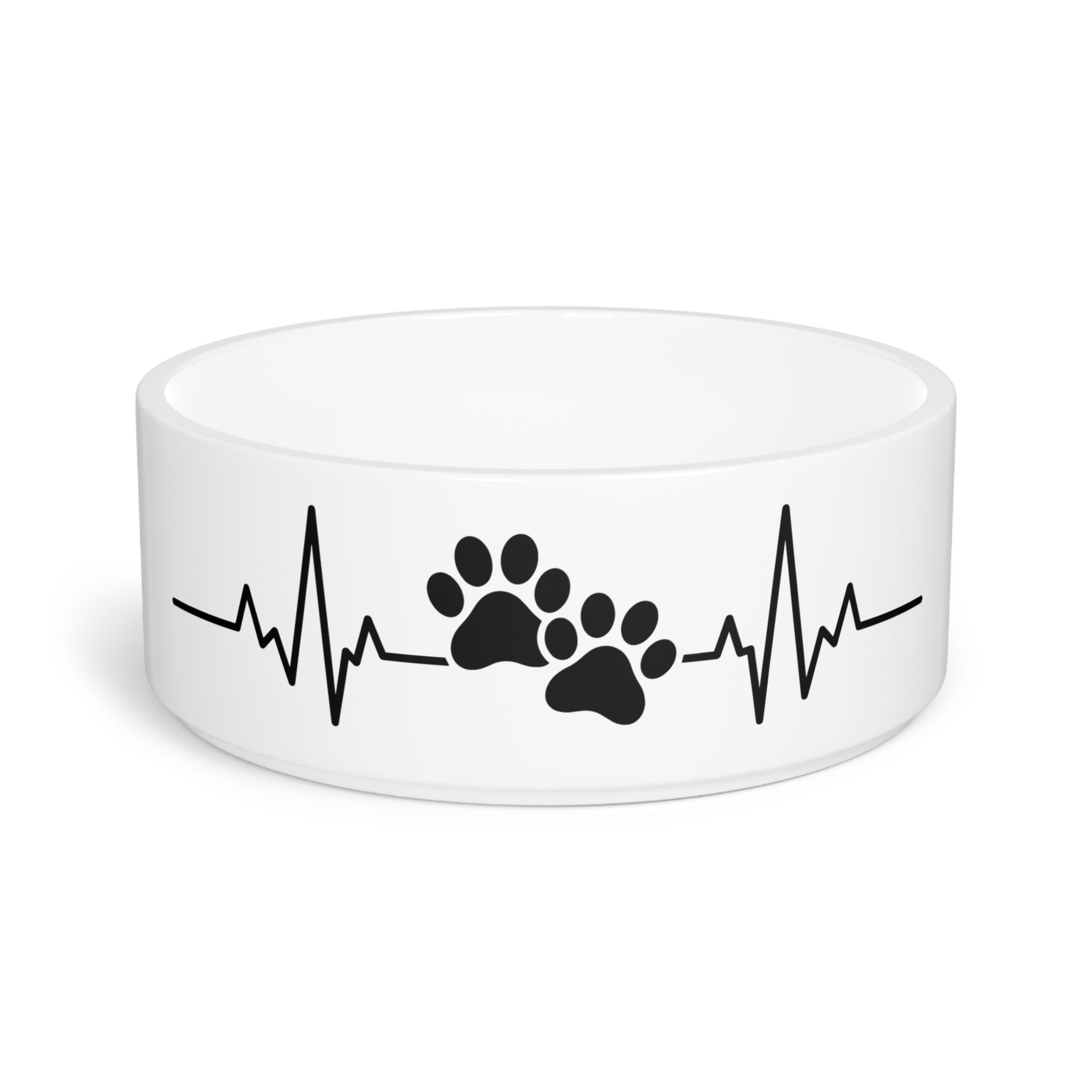 Crumpaw Heartbeat Paws Ceramic Dog Bowl - heartbeat ECG line with paw prints, front view