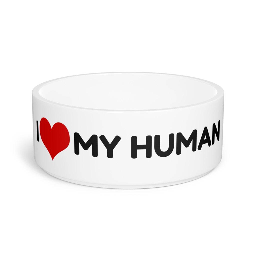 Crumpaw I Love My Human Ceramic Dog Bowl - I LOVE MY HUMAN text with red heart, front view