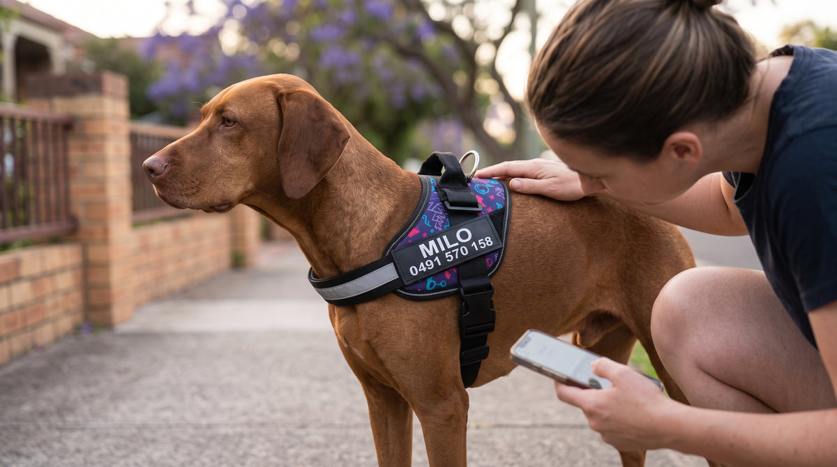 A woman crouching on a footpath beside a tan dog, reading the phone number printed on the patch of its personalised dog harness with her phone in her hand.