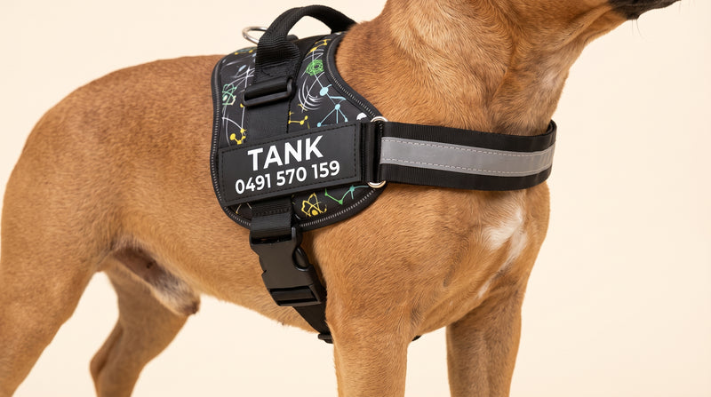 Side view of the padded chest plate on a tan dog wearing a patterned personalised dog harness, the name TANK and a phone number printed across the patch.