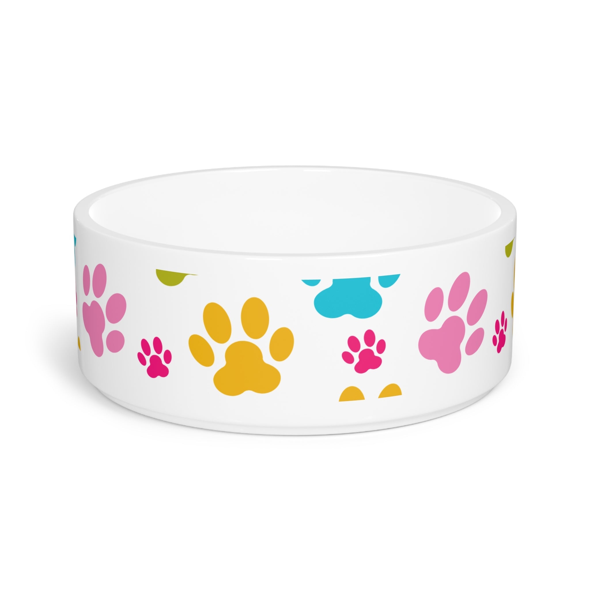 Crumpaw Pawprint Party Ceramic Dog Bowl - multi-colour paw prints, front view