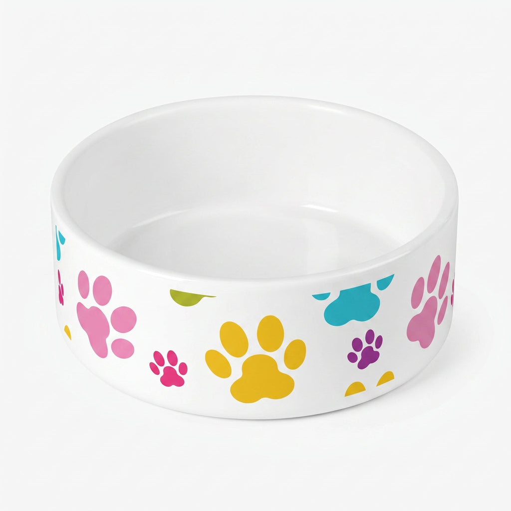 Crumpaw Pawprint Party Ceramic Dog Bowl - side view showing paw print pattern