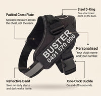 Labelled diagram of the personalised dog harness showing the padded chest plate, steel D-ring, reflective band, personalised patch and side-release buckle.