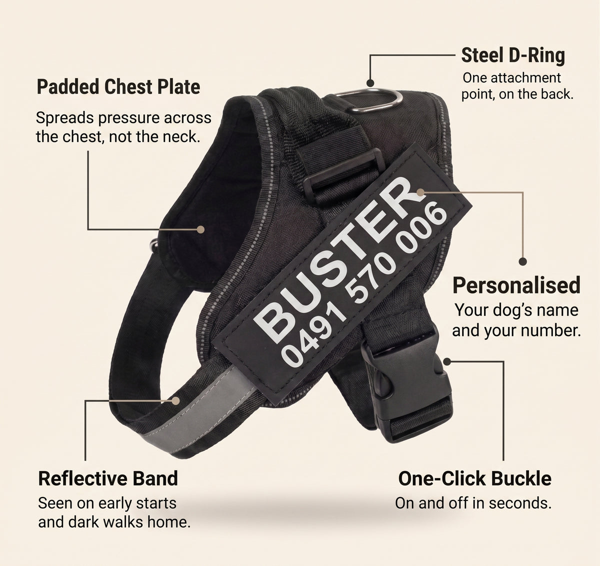 Labelled diagram of the personalised dog harness showing the padded chest plate, steel D-ring, reflective band, personalised patch and side-release buckle.