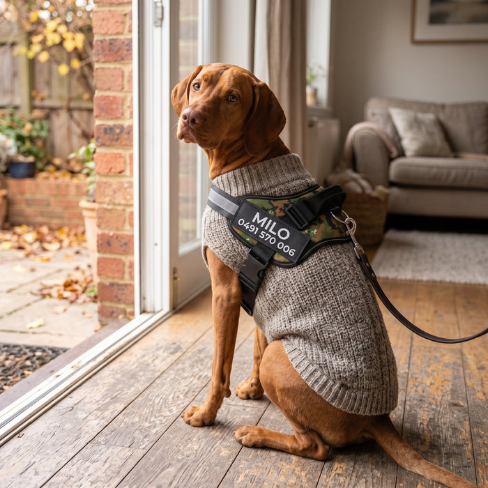A Vizsla sitting in a doorway wearing a knitted jumper with a camouflage personalised dog harness fitted over the top, the patch printed MILO and a phone number.