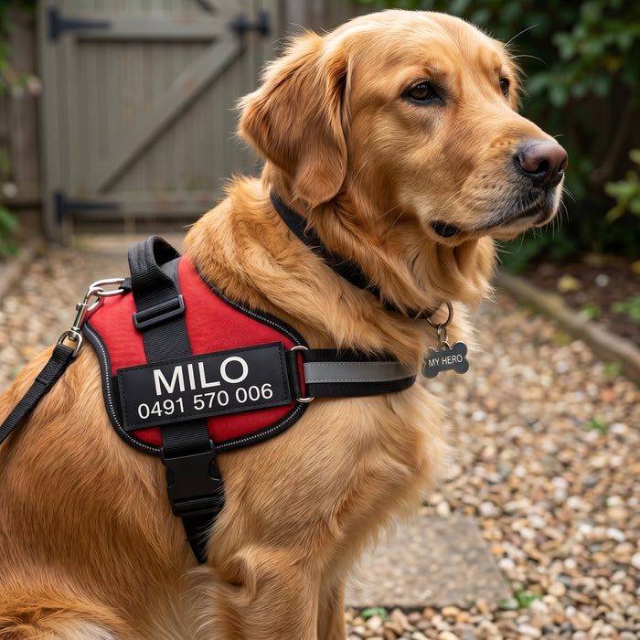 A golden retriever sitting on a gravel path beside a garden gate in a red personalised dog harness, the patch printed MILO and a phone number.