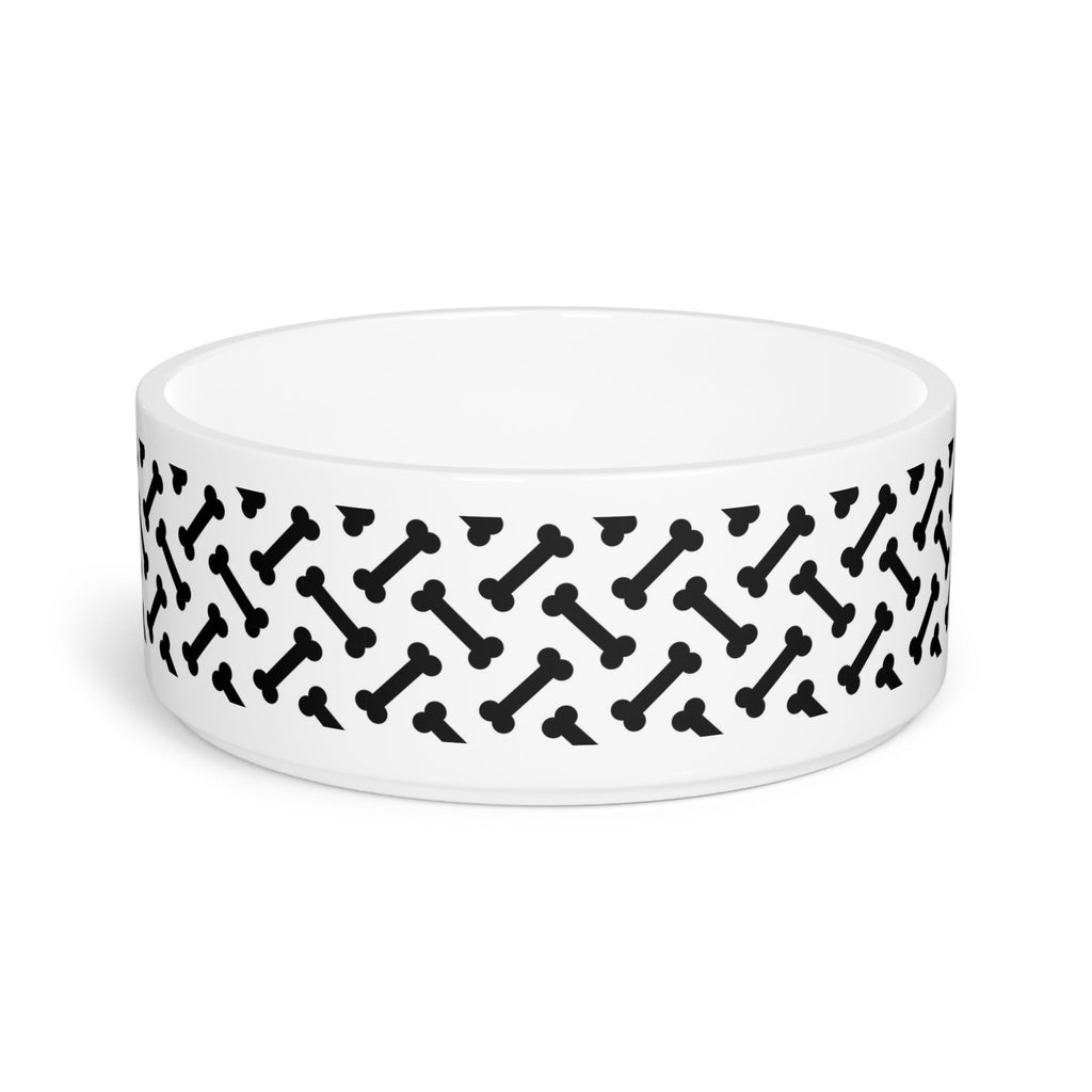 Crumpaw Scattered Bones Ceramic Dog Bowl - scattered black bones pattern, front view