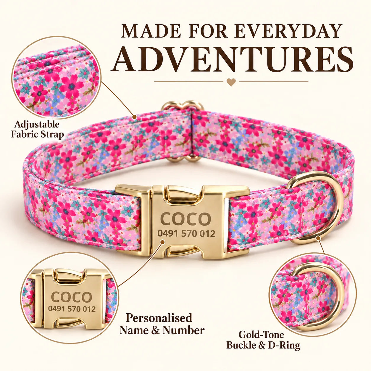 Made for everyday adventures: adjustable fabric strap and gold-tone buckle and D-ring