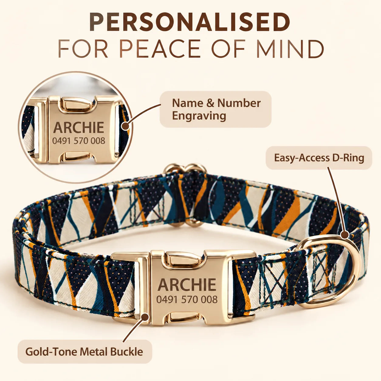 Personalised for peace of mind: name and number engraving, easy-access D-ring and gold-tone metal buckle