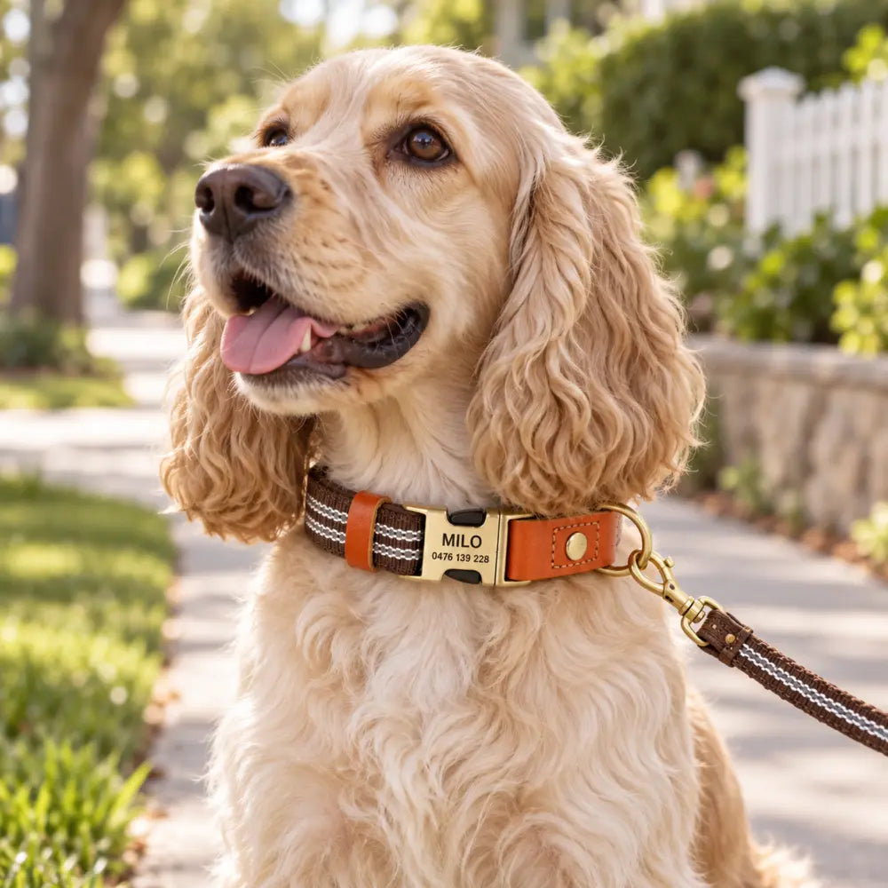 Milo wearing a brown personalised reflective dog collar