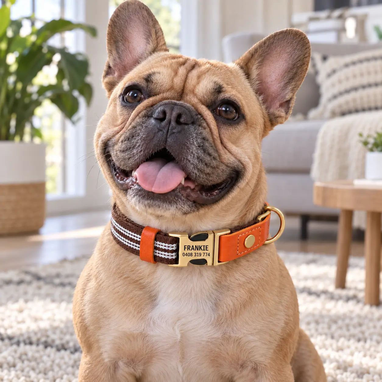 French bulldog wearing the brown reflective collar at home