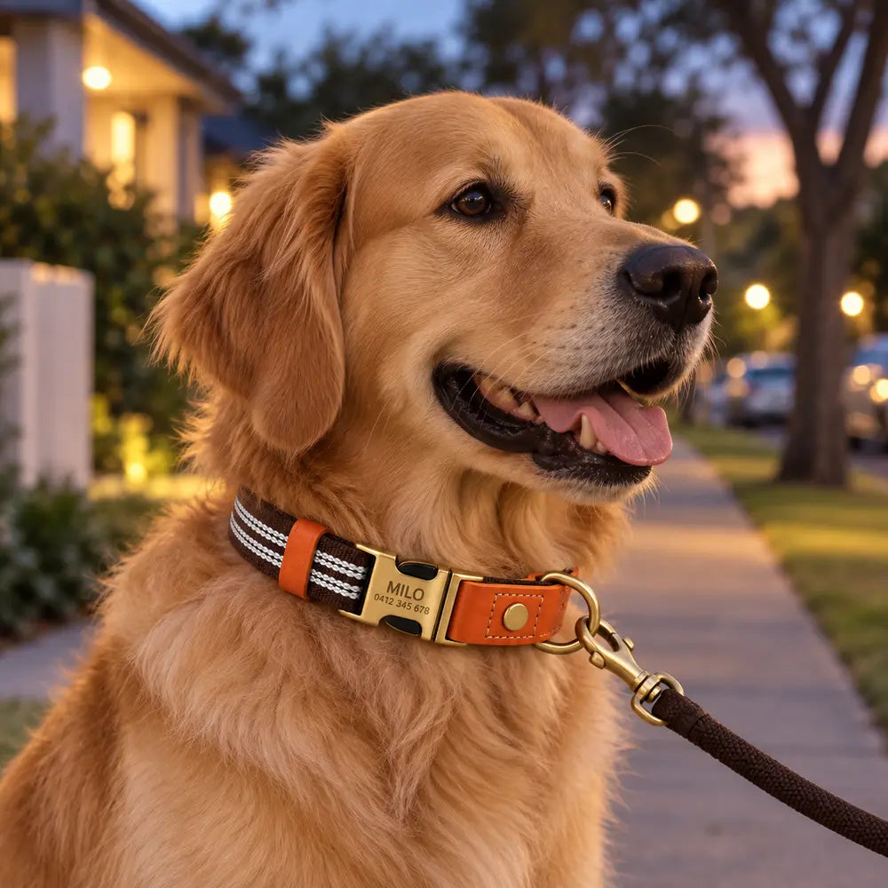 Golden retriever wearing a brown reflective personalised collar during an evening walk