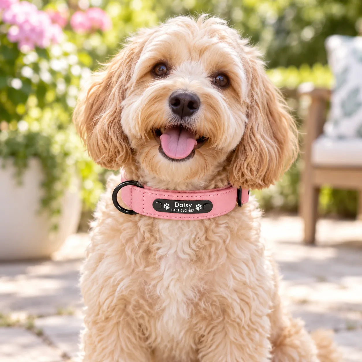 Cavoodle wearing a pink personalised leather collar engraved Daisy