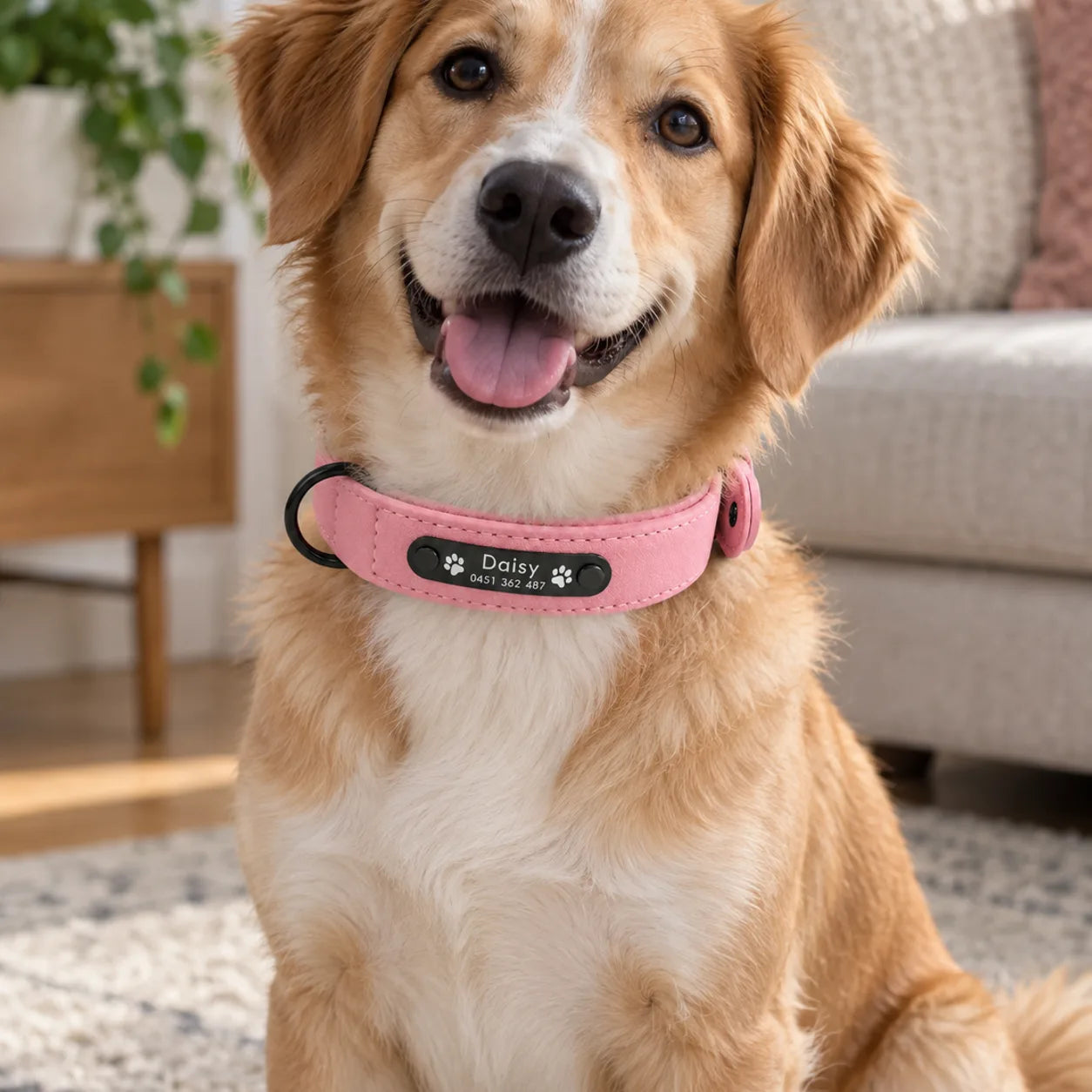 Dog wearing a pink personalised collar