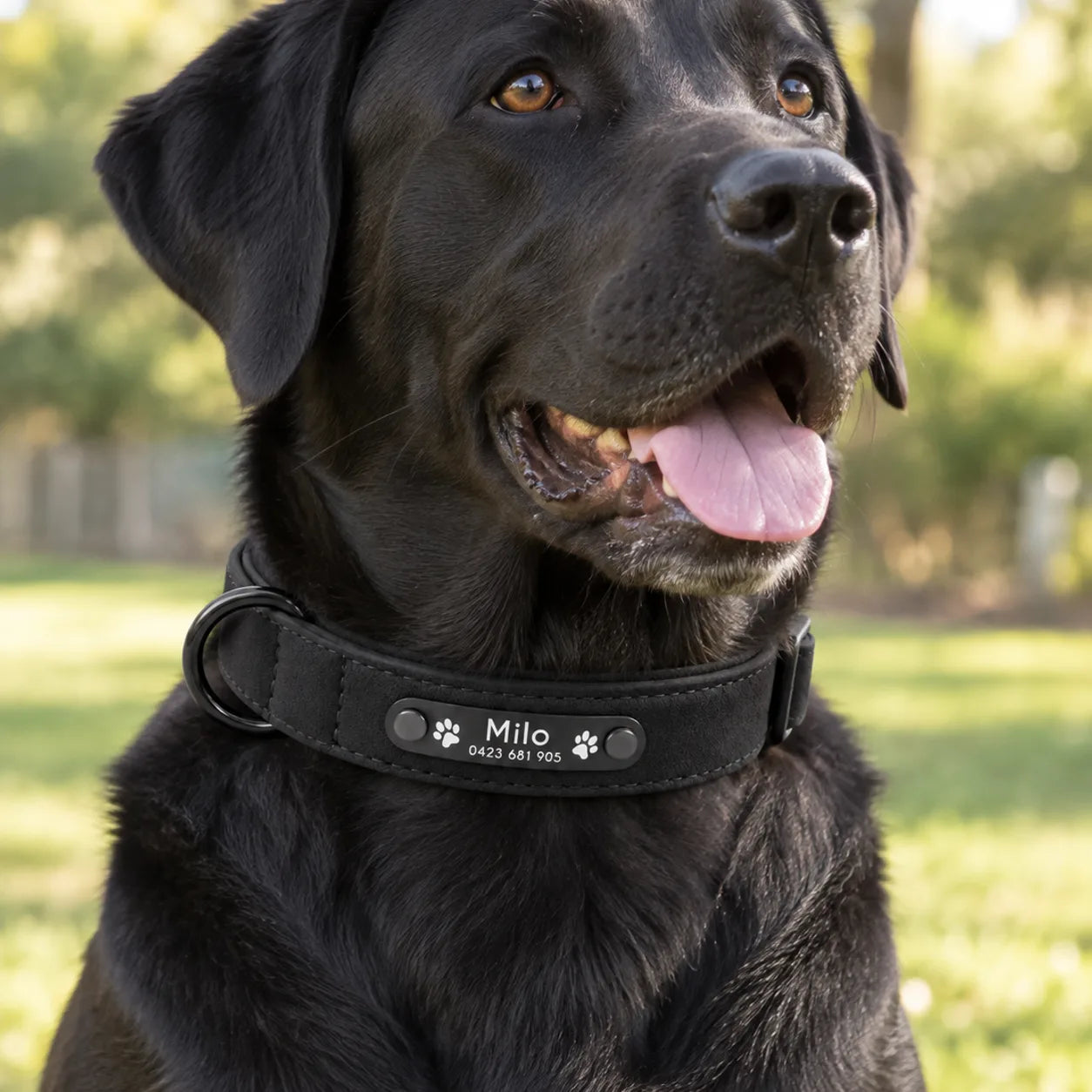 Dog wearing a black personalised collar