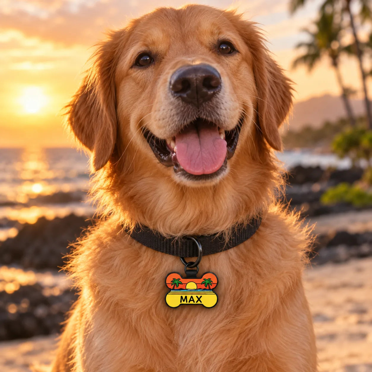 Golden retriever on a beach at sunset wearing the Beach Sunset tag