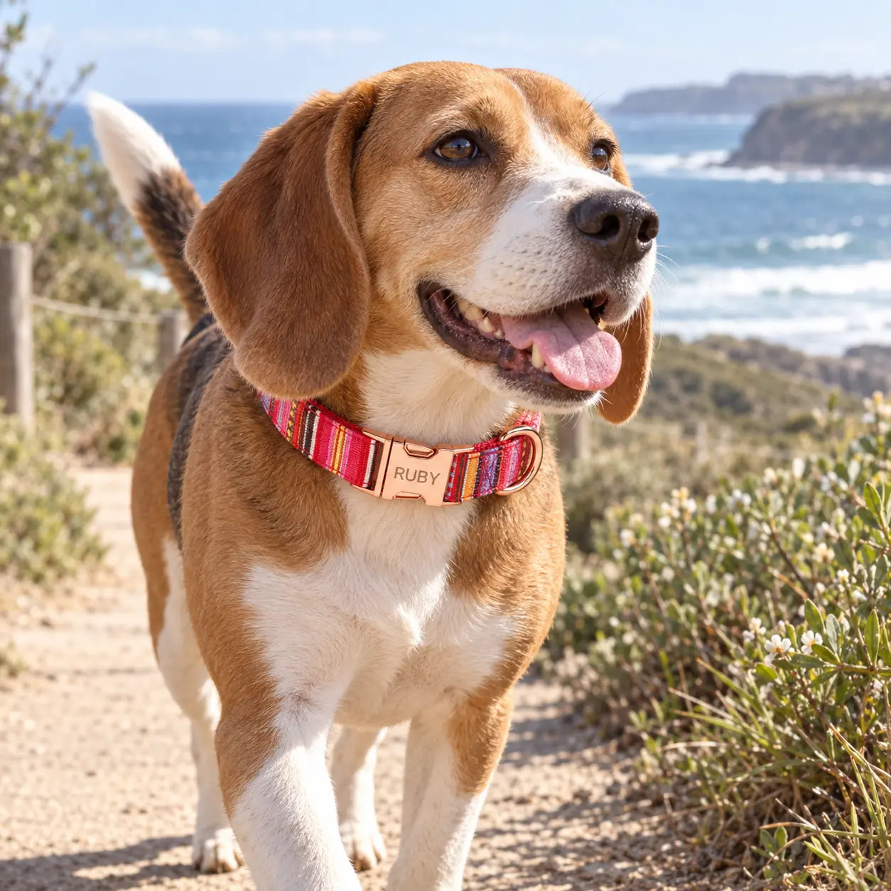 Beagle on a coastal path wearing a red personalised collar engraved Ruby
