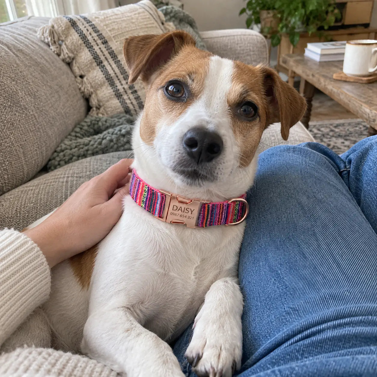 Jack Russell relaxing at home in a personalised collar